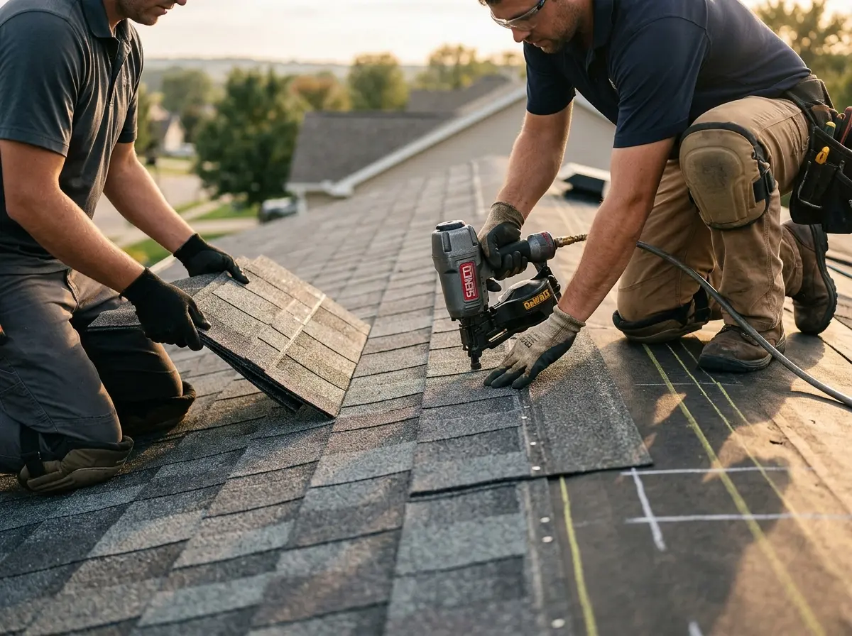 Professional roofer working on a residential roof in Coldwater